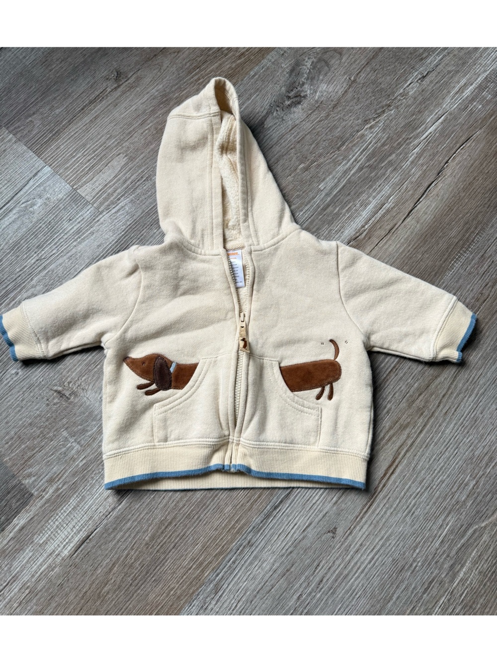 VTG GYMBOREE 3-6 Mo Full Zip Dog Hoodie Embroidered Tan Cream Brown Blue Baby
